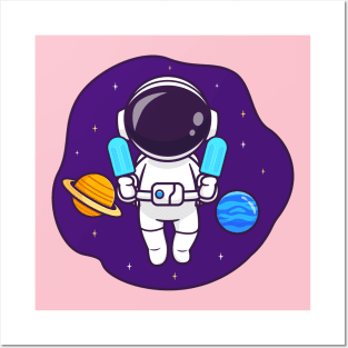 Cute Astronaut Floating In Space With Popsicle Ice Cream Cartoon Posters and Art